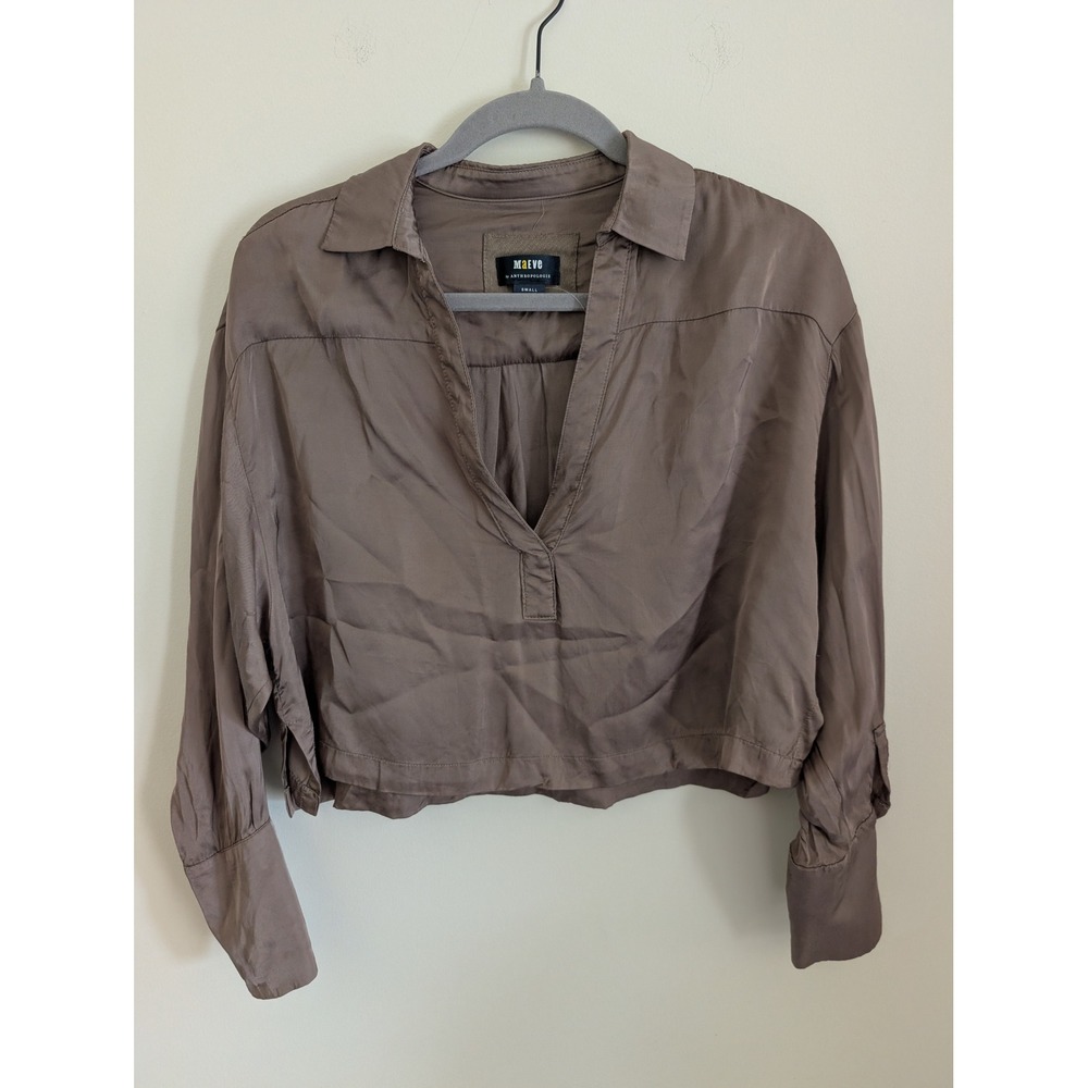 Maeve Anthropologie Silky Collared Popover blouse Cropped taupe small office
